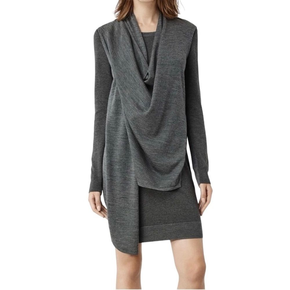 ALLSAINTS Drina Draped Layer Merino Wool Sweater Dress in Charcoal Gray 8 - Picture 1 of 9